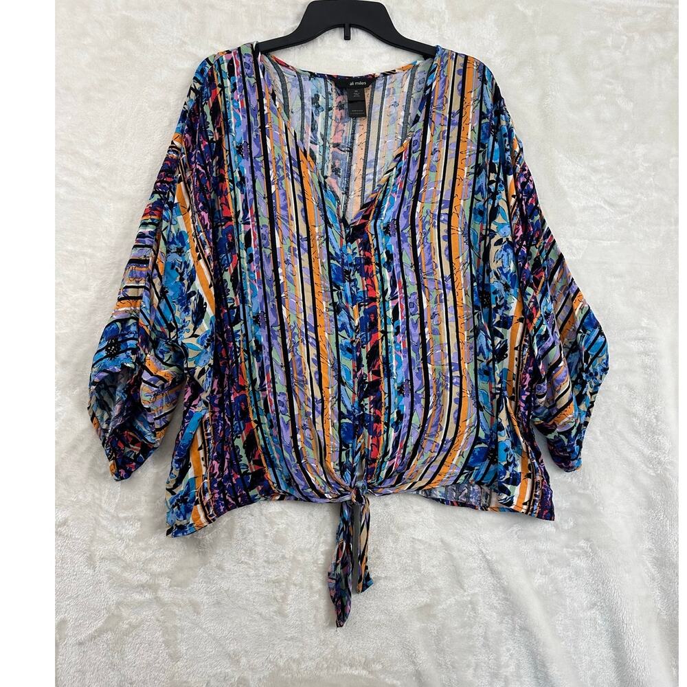 Ali Miles Abstract Stripe Top 2X Button Tie Floral Festival Fun